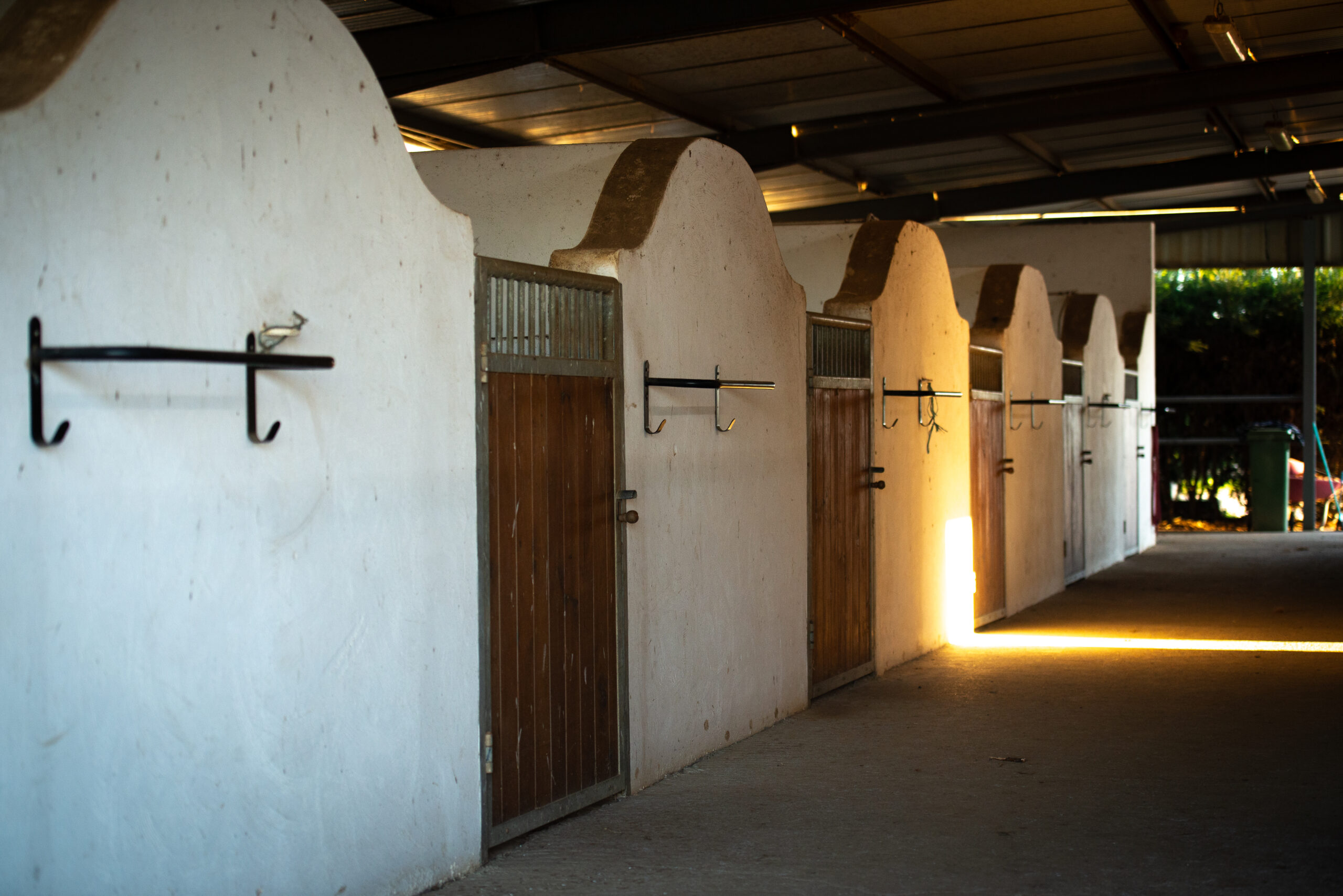 Stable alley with five horse boxes on the left in a brick built American barn in the evening light