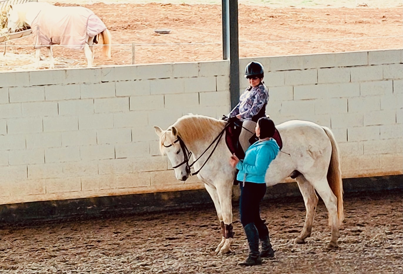 Woman taking a riding lesson on a white horse at equestrian centre Equus Ourique