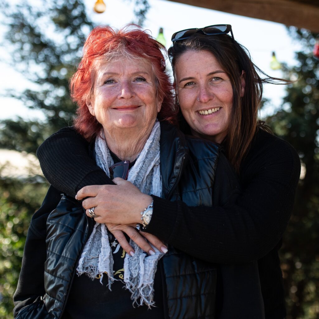 Two women dressed in black Ruth with red hair is the mother of Vicky at Equus Ourique equestrian centre in Portugal