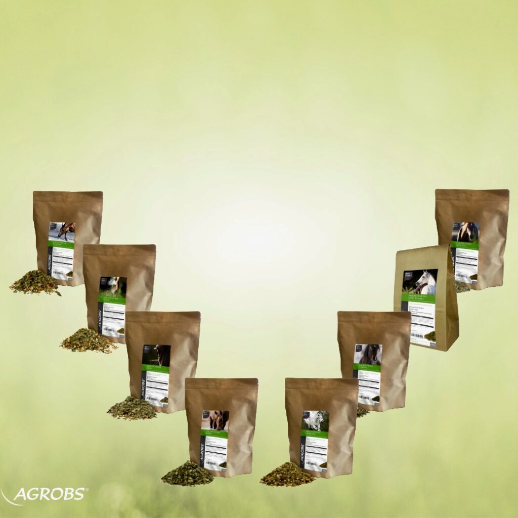 Product shot showing eight different herbal blends for horses from Agrobs Bergsiegel in paper bags