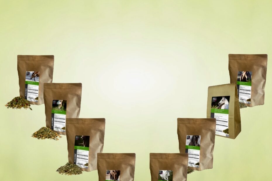 Product shot showing eight different herbal blends for horses from Agrobs Bergsiegel in paper bags